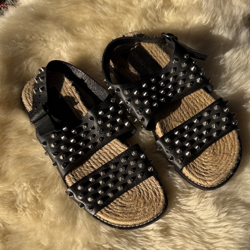 DSQUARED2 Black Leather Sandals with Silver Spikes
